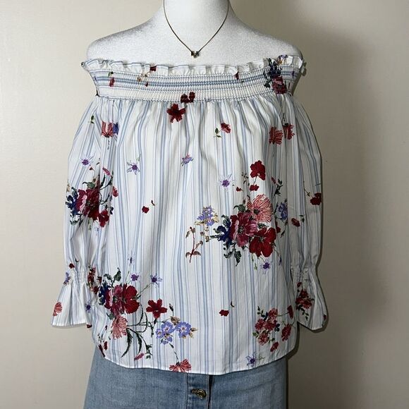 ZARA XS White Blue Vercial Stripe Floral Two Way Quarter Sl On Off Shoulder Top - Picture 5 of 10